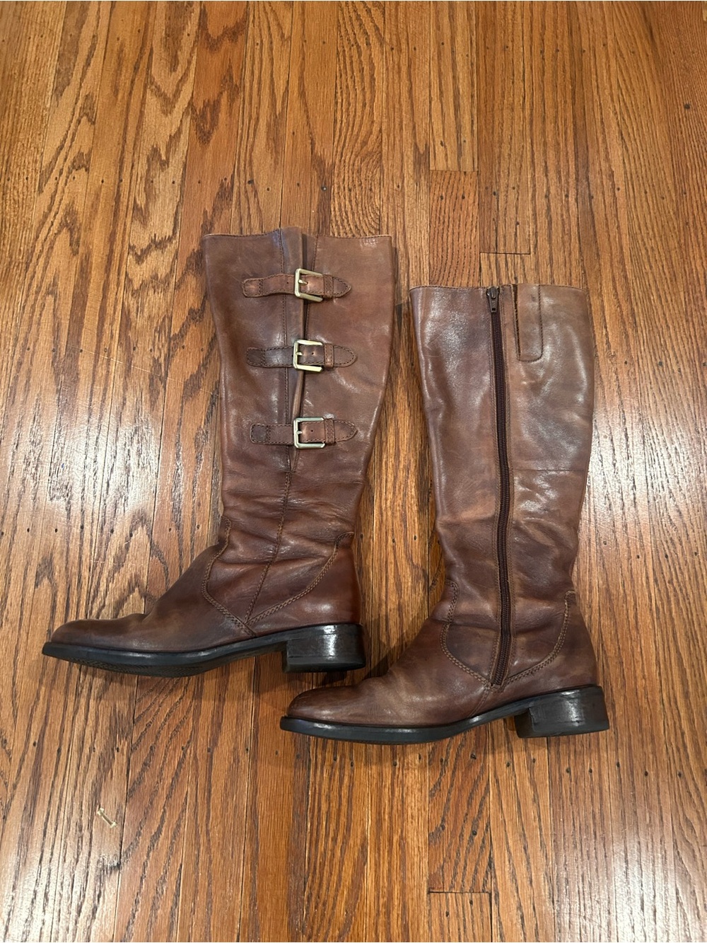 Ecco Brown Leather Knee-High Buckle Boots